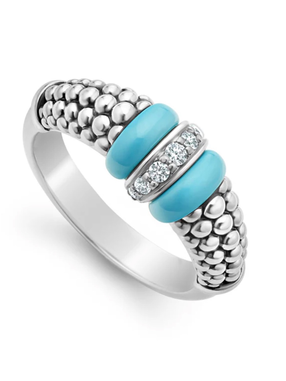 Small Sterling Silver & Blue Ceramic Caviar Diamond Ring from Lagos size 6